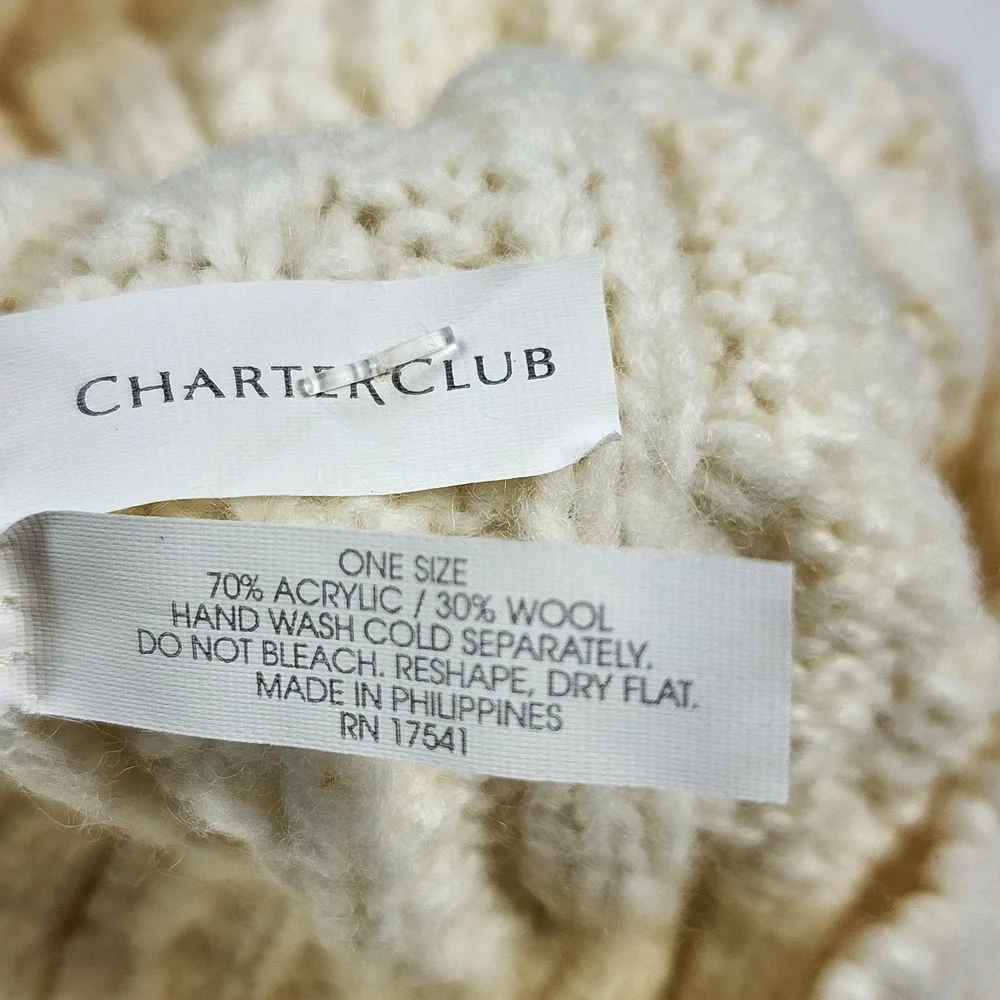 Charter Club Women's Ivory Cable Knit Wool Blend Beanie Hat Cream One Size NEW
